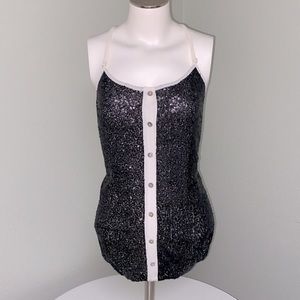 Charming Charlie Embellished Sequins Black & Beige Camisole Sheer & Sexy Back